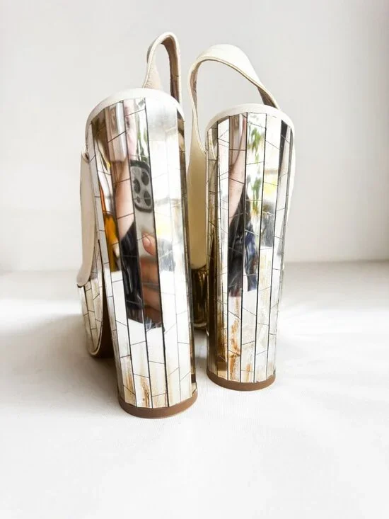 Rochas RUNWAY White Leather Mirror " Disco" Sandals Chunky Heel 39 - Picture 5 of 11